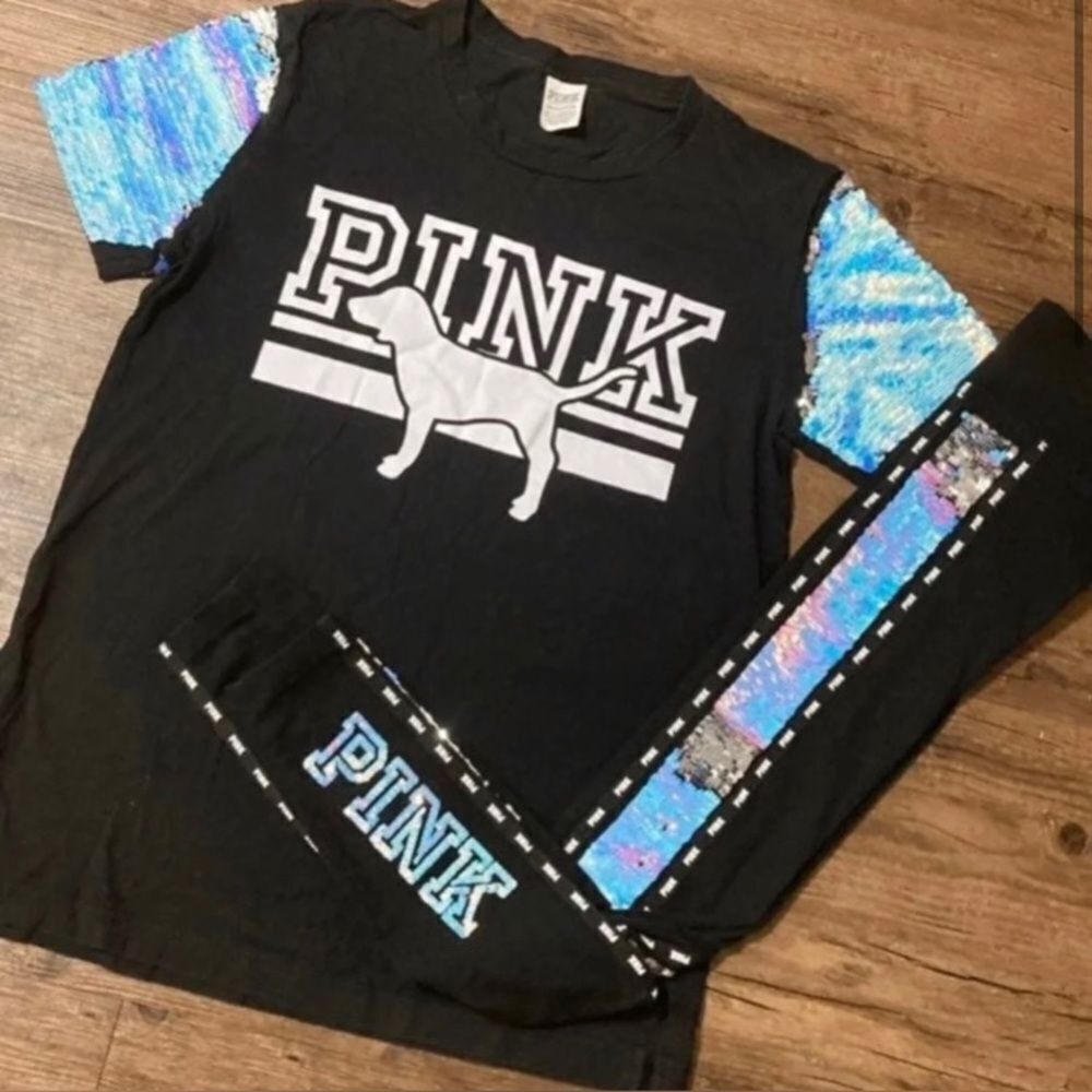 PINK VS MERMAID BLING TSHIRT / YOGA LEGGINGS SEQUINS OUTFIT SET S
